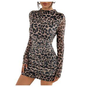 Ruched Bodycon Mini Dress Mock Neck Long Sleeve Leopard Print